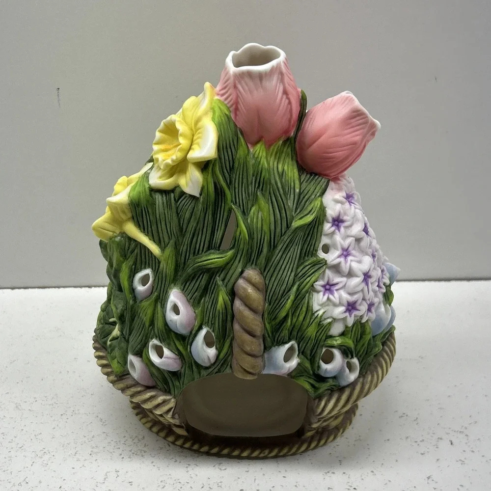 PartyLite Spring Floral Basket Tea‎ Light Candle Holder Rose Votive Decor Vtg
